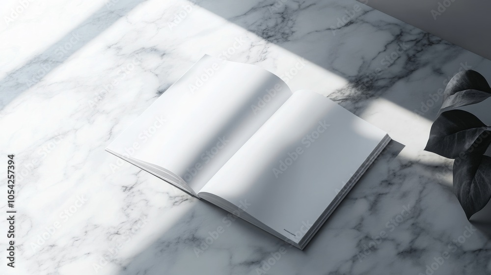Poster a blank notebook lies open on a marble surface, gently illuminated by soft natural light. the simpli