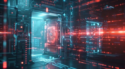 Obraz premium Complex circuitry and vibrant lighting effects illuminate a futuristic server room, showcasing advanced data processing technology in action