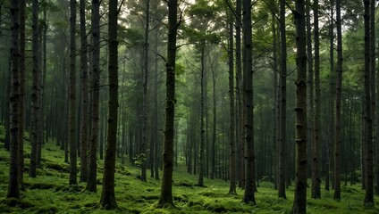 Fototapeta premium Green forest in the morning with evenly spaced trees.