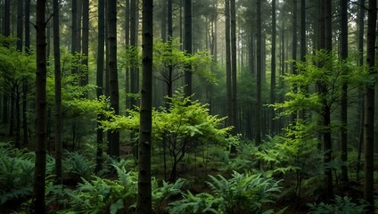 Obraz premium Green forest in the morning with evenly spaced trees.