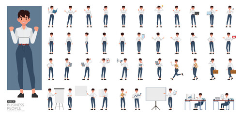 Big Set of businesswoman wear white shirt character vector design. People working in office planning, thinking and economic analysis.