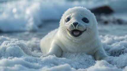 Obraz premium 4K A smiling baby seal resting on a snowy beach, with the clear ocean waves lapping at the shore.