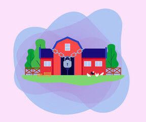 Obraz premium Farm with big lock vector illustration. Livestock farms located near nature reserves closing because of nitrogen emissions. Farm closures, farming, ecology, saving nature concept