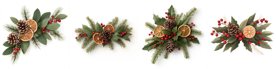 Die-cut arrangement of festive foliage with pinecones and dried citrus, white isolated background.