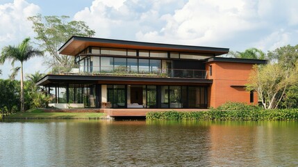 Fototapeta premium Contemporary Lakefront House with Large Windows - A contemporary house situated by a lake, with large floor-to-ceiling windows offering scenic lake views, surrounded by lush vegetation.