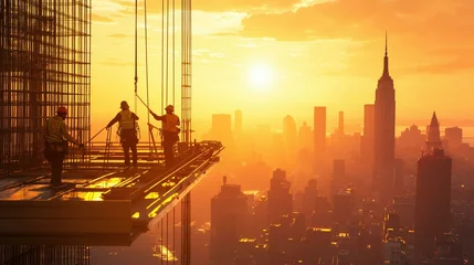 Keuken foto achterwand Construction workers at sunset overlooking new york city skyline. ©  S u n n y B u n n y