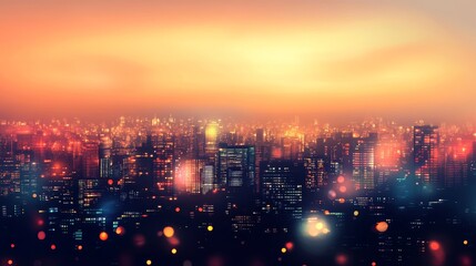 Obraz premium A vibrant city skyline at sunset, illuminated by lights and a warm glow.