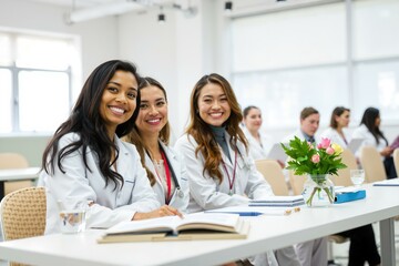 Obraz premium Diverse group of medical students engaged in a classroom setting for learning and collaboration.