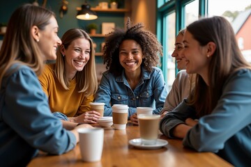 Group of friends enjoying coffee together in cozy cafe setting.