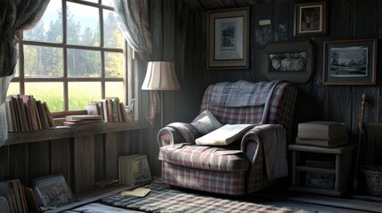 Fototapeta premium Cozy corner with a plaid armchair, vintage lamp, and country decor for a rustic reading nook.