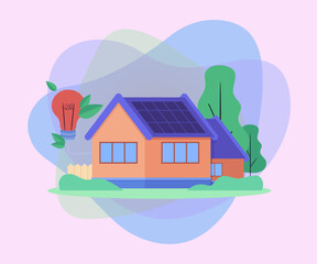 House with solar panels and big lightbulb vector illustration. Cartoon drawing of eco-friendly home using alternative renewable energy. Ecology, environment, green living, sustainability concept
