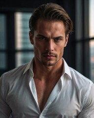 Fototapeta premium Intense Portrait of Handsome Man in White Shirt with Dramatic Lighting and Focused Expression