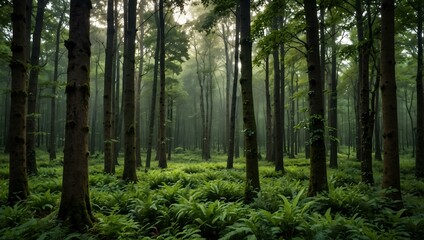 Lush green forest in the morning with evenly spaced trees.