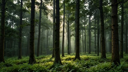 Obraz premium Lush green forest in the morning with evenly spaced trees.