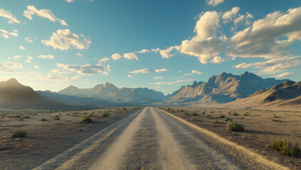 A road in the desert leading to mountains, cinematic and beautiful sky, photorealisti