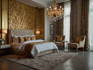 Luxurious bedroom with king-size bed and gold accents