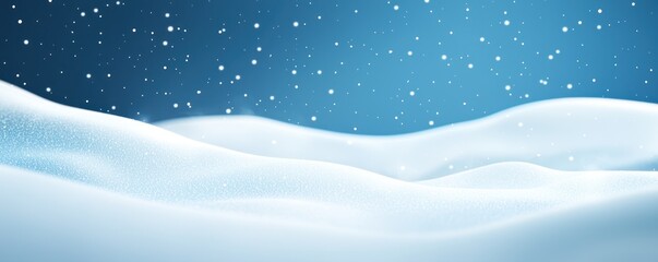 Snowy hills under a blue sky during a gentle snowfall, serene winter landscape.