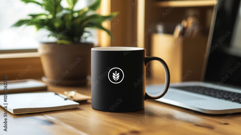 Poster a black coffee mug featuring a simple logo rests on a wooden desk in a warm and inviting workspace. 