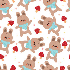 Obraz premium seamless pattern cartoon bunny with mushroom. cute autumn wallpaper for fabric print, gift wrap paper