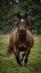 Fototapeta premium Majestic wild horse galloping towards the camera on green grass.