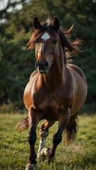 Fototapeta premium Majestic wild horse galloping towards the camera on green grass.