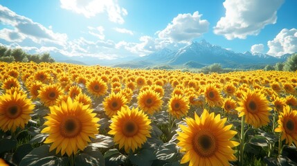 Fototapeta premium A 4K ultra-detailed shot of a sunflower field in full bloom under a bright blue sky.