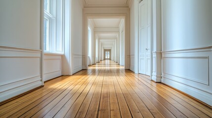 Obraz premium Hallway with white walls, natural wood flooring, and simple lighting, leading to open minimalist rooms.