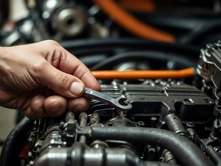 Obraz premium Mechanic repairing a car engine, close-up with a wrench