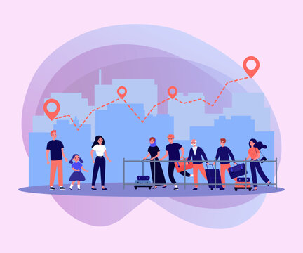 People migrating due to climate vector illustration. Happy people with suitcases moving to different country, route on map. Migration and climate crisis, resettlement of people concept