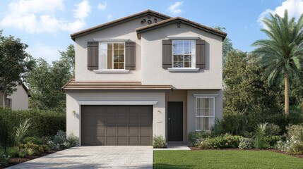 Fototapeta premium A modern two-story house with a garage, surrounded by lush greenery and palm trees under a blue sky.