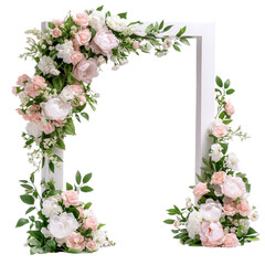 Fototapeta premium Wedding arch with pink and white fresh flowers on a transparent background.