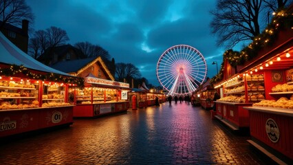 Holiday fairs in Europe. Festive market at dusk, colorful stalls adorned with lights and wreaths. A large, illuminated Ferris wheel towers in the background, winter vibe.