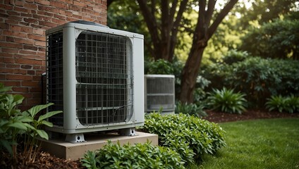 Modern energy-efficient air conditioner in a lush green setting.