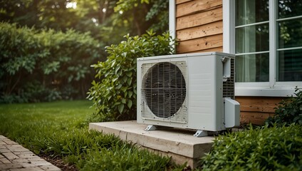 Modern energy-efficient air conditioner in a lush green setting.