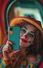 Close-up selfie of a woman clown with hat that holding a colorful phone. She is smiling at the mirror and seems happy.
