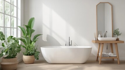 Fototapeta premium Minimalist bathroom with white walls, simple fixtures, and subtle lighting, creating a serene atmosphere.