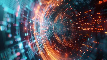 Fototapeta premium Futuristic technological tunnel rotating with glowing lights and data flowing, creating a mesmerizing digital vortex, perfect for technology and innovation concepts