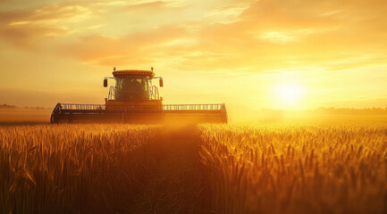 Fototapeta premium combine harvester working in golden wheat field at sunset, creating serene agricultural scene. warm light enhances beauty of landscape