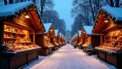 Obraz premium Holiday fairs in Europe. Snow-covered Christmas market stalls line a serene, wintery pathway, glowing warmly under softly lit lanterns, surrounded by snow-laden trees.