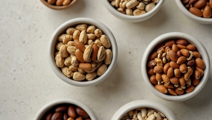 Fototapeta premium Nuts and seeds arranged in small bowls on a clean white table.