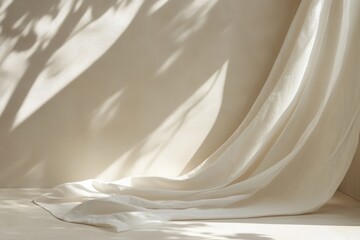 Obraz premium Elegant light cream canvas for showcasing items, highlighting the soft interplay of illumination and shade cast by curtain textures on the surface