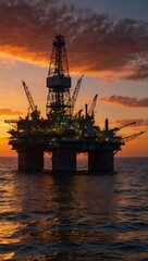 Obraz premium Offshore oil rig silhouetted against a vibrant sunset.