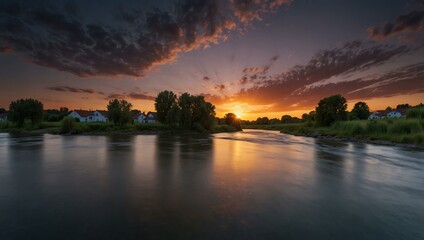 Naklejka premium Panoramic sunset by a river in long exposure
