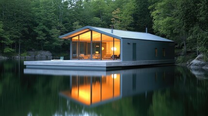 Modern Minimalist House by the Lake - A minimalist house with clean, geometric shapes situated by a calm lake, reflecting the structure in the water. The house has large windows and an open layout.