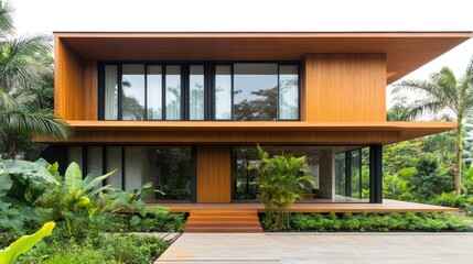 Fototapeta premium Modern Tropical House with Natural Ventilation - A tropical-style modern house isolated on a white background, showcasing wooden materials, large windows, 