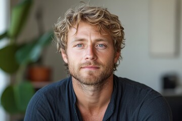 Scandinavian or caucasian blonde man wear dark blue shirt on light background, closeup