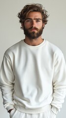 Fototapeta premium Scandinavian man with beard in white blank sweatshirt on light background, mockup. mock up, template, for design