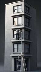 A man is painting a window on a tall building