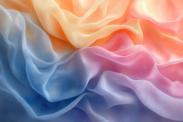 Fototapeta premium A soft, flowing display of pastel silk fabric, showcasing gentle waves of color transitioning from orange to blue.