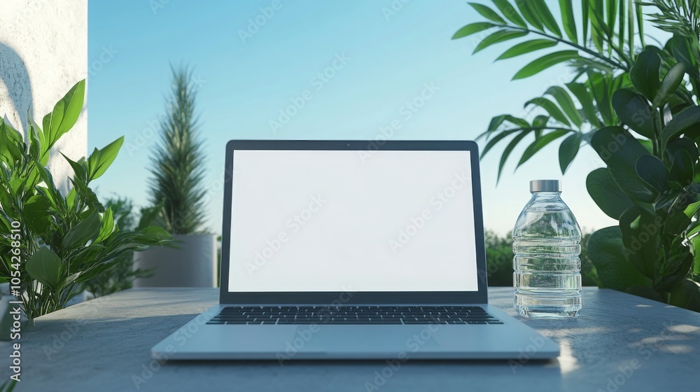 Poster a quiet outdoor workspace features a laptop resting on a table next to a clear water bottle, all emb